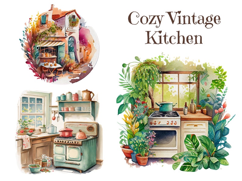 Watercolor Clipart Cozy Vintage Kitchen, Design Illustration ...