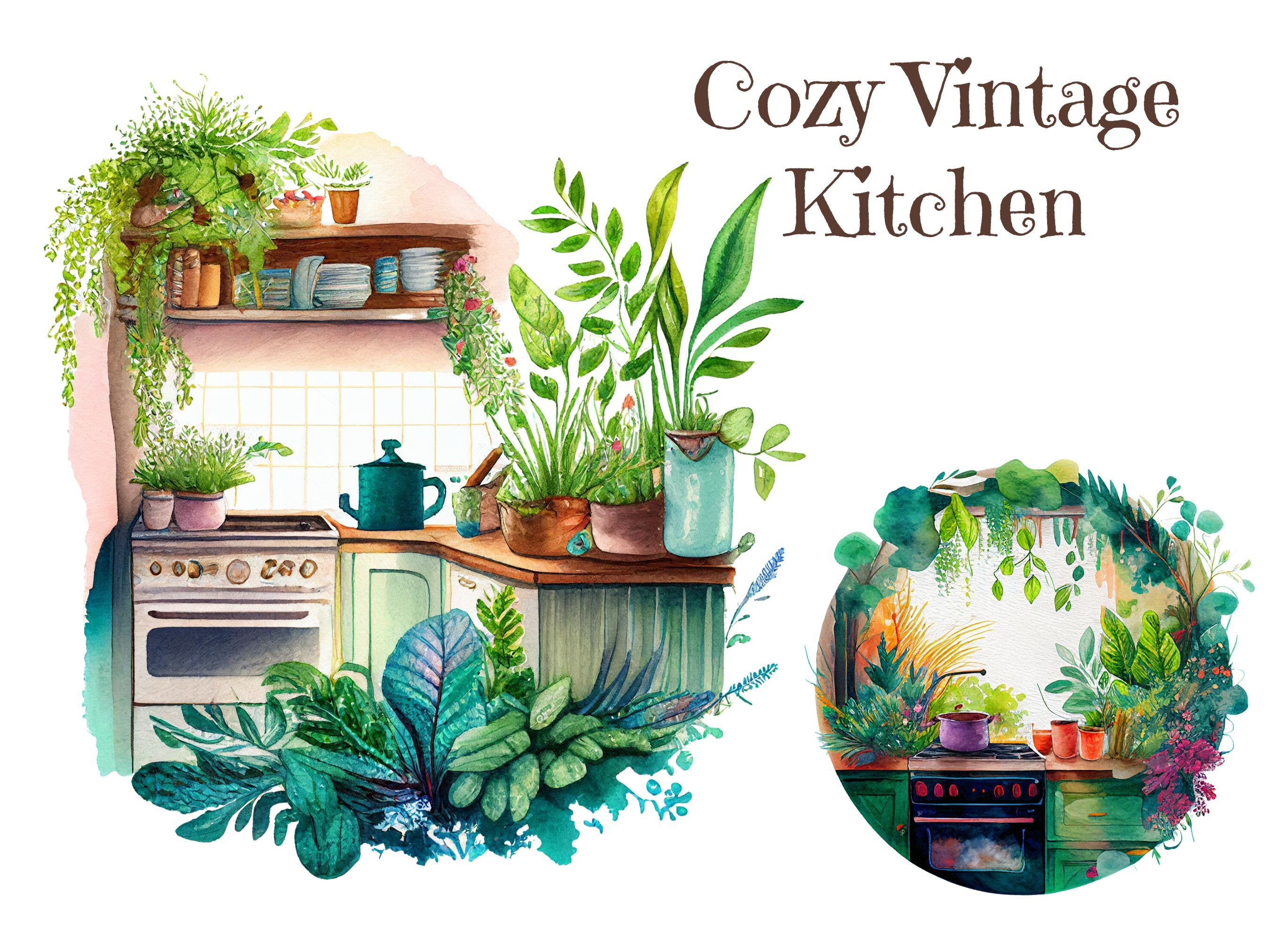 Watercolor Clipart Cozy Vintage Kitchen, Design Illustration ...