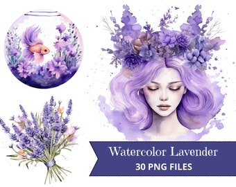 Watercolor Lavender Clipart: Fantasy Floral Designs (PNG, 30 Files)
