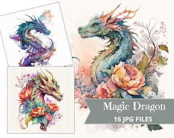 Watercolor Magic Dragons Clipart, Floral Colorful Dragon, Digital Download JPG, Fantasy, Characters, DIY, commercial, planner, journal
