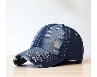 Basebollkeps i sliten denim, tvättad sommarpappahatt, unisex hiphop streetwear