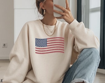 Distressed American Flag Sweatshirt: Patriotic USA Graphic Crewneck, USA 250th Anniversary Shirt, Retro 4th of July Pullover