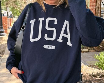 Sweat-shirt USA : col rond drapeau américain patriotique, chemise 4 juillet