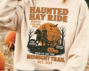 Haunted Hay Ride Sweatshirt, Halloween Graphic Sweatshirt, Spooky Season Crewneck, Cozy Fall Sweatshirt, Vintage Inspired Halloween Crewneck