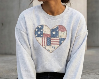 Patriotic Faux Patchwork Heart Sweatshirt, Vintage Style USA Crewneck, America's Anniversary Shirt, Retro 4th of July Pullover
