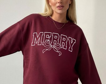 Festive Merry Christmas Sweatshirt, Coquette Bow Holiday Sweater, Cute Winter Crewneck