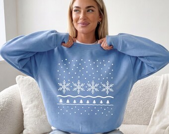 Snowflake Christmas Sweatshirt, Festive Holiday Party Crewneck, Cozy Winter Sweater
