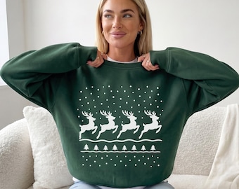 Reindeer Christmas Sweatshirt, Festive Holiday Party Crewneck, Cozy Winter Sweater