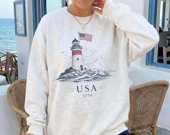 Retro Lighthouse Graphic Sweatshirt, Coastal USA Patriotic Pullover, USA 250th Anniversary Shirt, 4th of July Pullover