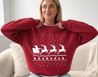 Santa Sleigh Christmas Sweatshirt, Festive Reindeer Holiday Party Crewneck, Cozy Winter Sweater