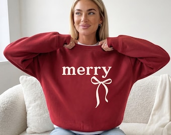 Cute Merry Christmas Sweatshirt, Coquette Bow Holiday Sweater, Festive Winter Crewneck