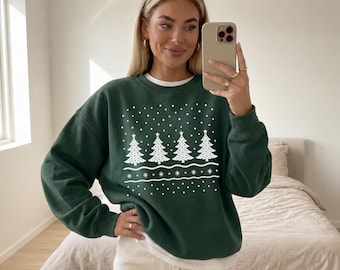 Christmas Tree Pattern Sweatshirt, Festive Holiday Party Crewneck, Cozy Winter Sweater