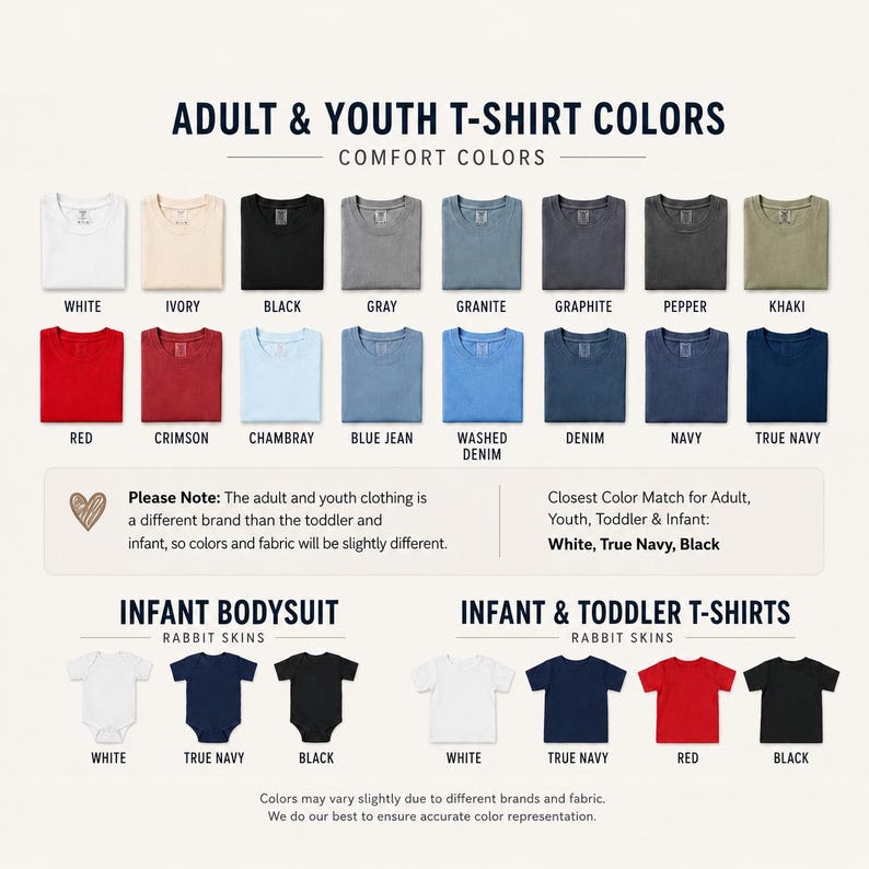 Puede incluir: Una tabla de colores que muestra camisetas para adultos y j&oacute;venes de Comfort Colors en blanco, marfil, negro, gris, granito, grafito, pimienta, caqui, rojo, carmes&iacute;, chambray, azul jean, mezclilla lavada, mezclilla, azul marino y azul marino real, m&aacute;s bodys.