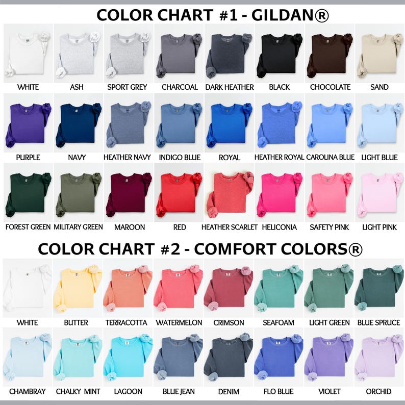 Puede incluir: Una tabla de colores completa con dos secciones: Color Chart #1 - Gildan y Color Chart #2 - Comfort Colors. Cada secci&oacute;n muestra una cuadr&iacute;cula de muestras de tela en varios colores s&oacute;lidos, cada una acompa&ntilde;ada de una goma para el pelo a juego.
