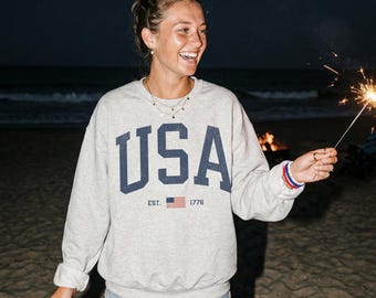 Sweat-shirt États-Unis : col rond drapeau américain patriotique, chemise anniversaire de l'Amérique, pull 4 juillet