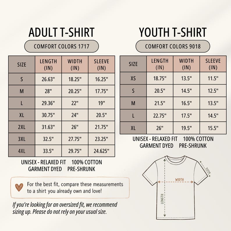 Puede incluir: Una tabla de tallas para camisetas Comfort Colors 1717 de adulto y 9018 de joven. Las tablas enumeran medidas de largo, ancho y manga en pulgadas para tallas de XS a 4XL. Incluye texto sobre el ajuste unisex, 100% algod&oacute;n y tejido preencogido.