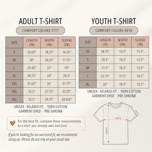 May include: A size chart for Comfort Colors 1717 adult and 9018 youth t-shirts. The tables list length, width, and sleeve measurements in inches for sizes ranging from XS to 4XL. It includes text about unisex relaxed fit, 100% cotton, and pre-shrunk fabric.