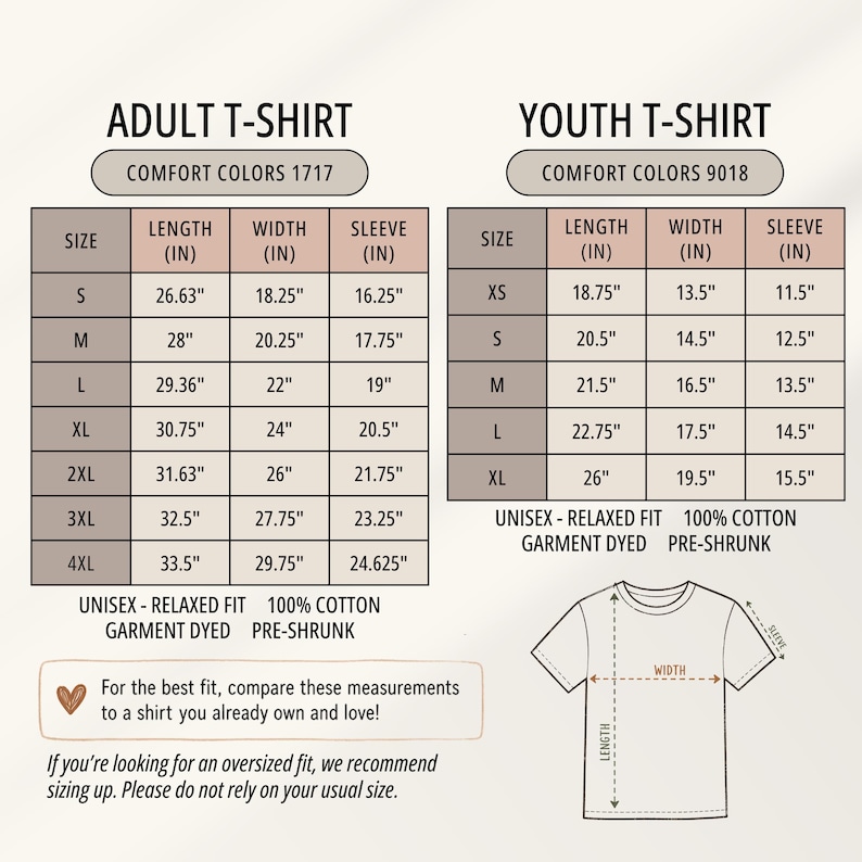 May include: A size chart for Comfort Colors 1717 adult and 9018 youth t-shirts. The tables list length, width, and sleeve measurements in inches for sizes ranging from XS to 4XL. It includes text about unisex relaxed fit, 100% cotton, and pre-shrunk fabric.