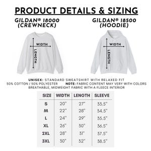 May include: A product details and sizing chart for Gildan 18000 crewneck and 18500 hoodie garments. The image displays two light grey apparel outlines with width and length arrows, alongside a table listing sizes S through 3XL with measurements in inches.