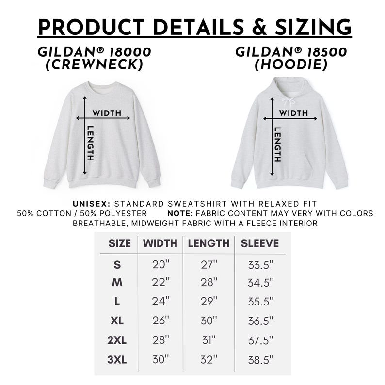 May include: A product details and sizing chart for Gildan 18000 crewneck and 18500 hoodie garments. The image displays two light grey apparel outlines with width and length arrows, alongside a table listing sizes S through 3XL with measurements in inches.