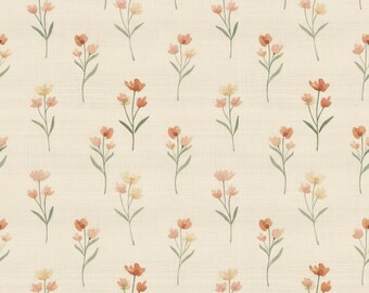 Soft Cream Wildflower Floral Fabric, Watercolor Botanical Print, Whimsical Flower Pattern