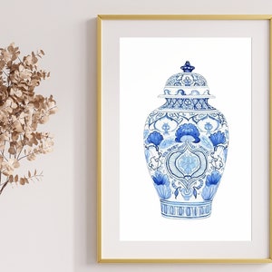 Ginger Jar Watercolor Print | Blue and White Chinoiserie Art | Asian Decor