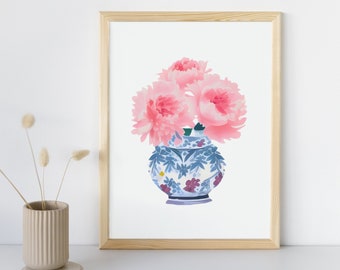 Chinoiserie Peony Print / Acuarela floral rosa / Arte de jarrón azul y blanco