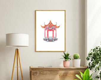 Chinoiserie Pagoda Architectural Watercolor Print - Instant Download