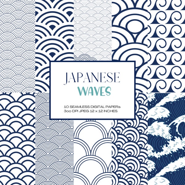 Japanese Waves Digital Paper, Japanese Paper, Waves Paper, Japanese Waves Pattern, Scrapbook Papers - DJP001