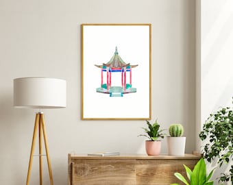 Chinoiserie Pagoda Architectural Watercolor Print - Instant Download