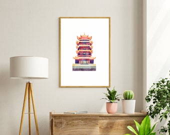Chinoiserie Pagoda Architectural Watercolor Print - Instant Download