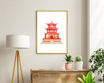 Chinoiserie Pagoda Architectural Watercolor Print - Instant Download