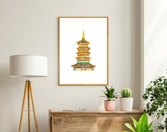 Chinoiserie Pagoda Architectural Watercolor Print - Instant Download