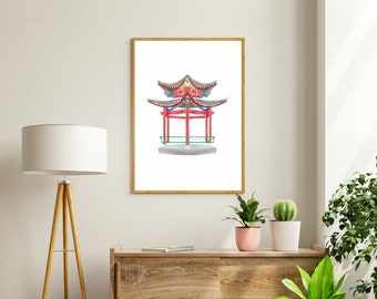 Chinoiserie Pagoda Architectural Watercolor Print - Instant Download