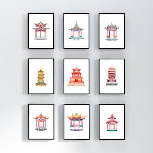 Chinoiserie Pagoda Watercolor Digital Prints - Set of 9 Architectural Drawings