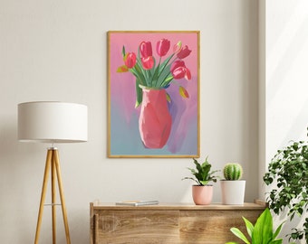 Vintage Tulips Vase Wall Art, Pink Floral Printable Wall Decor