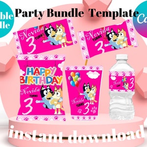 Pink Editable Chips bag, Birthday Blue Chip Bags, Printable Digital Favors, Instant Download,