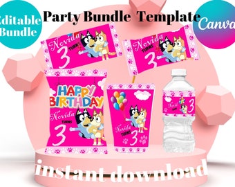 Pink Editable Chips bag, Birthday Blue Chip Bags, Printable Digital Favors, Instant Download,