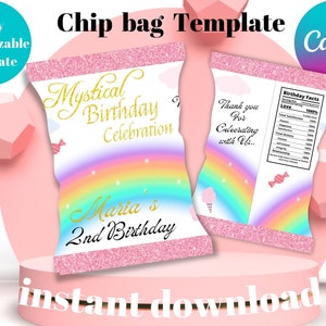 EDITABLE Rainbow Chip Bag Template. Personalised Baby Girl 1st Birthday Crisp Party Favors Treat Bag.