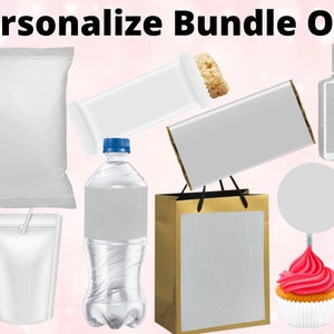 May include: A set of eight blank white labels for customizing party favors. The labels are on various items including a bag, a bottle of water, a cupcake, a small bag of candy, a bar of chocolate, a small bottle of hand sanitizer, and a gift bag. The labels are ready to be personalized with names, dates, or other special messages.
