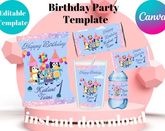 Blue Editable Chips bag, Birthday Blue Chip Bags, Printable Digital Favors, Instant Download,