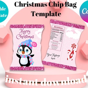 EDITABLE Christmas Chip Bag Wrapper Template, Cute Santa Personalized Party Favors Treat Bag, Snack Cookie Packaging Printable