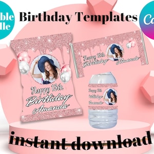 Rose Gold Birthday Party Favor Printables: Chip Bag, Water Label (Editable Download)