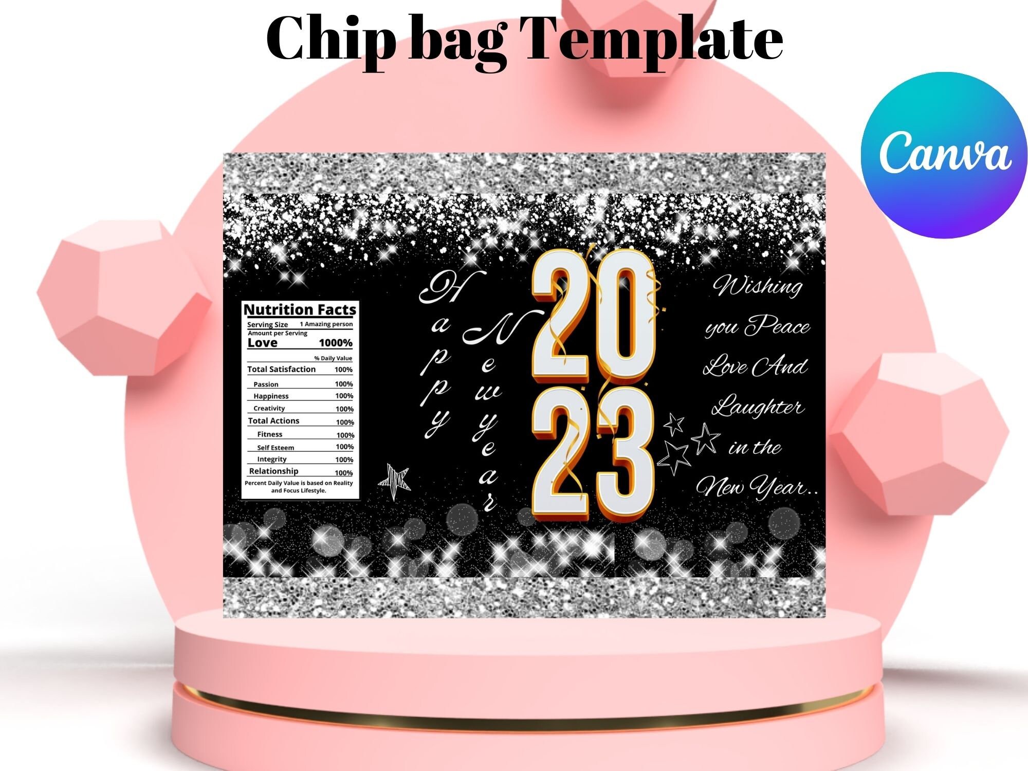 EDITABLE New Year Chip Bag Wrapper Template, Black & Gold Personalized ...