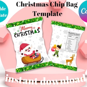 EDITABLE Christmas Chip Bag Wrapper Template, Cute Santa Personalized Party Favors Treat Bag, Snack Cookie Packaging Printable