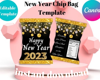 New Year Chip Bag Wrapper Template: Black & Gold Party Favors (Digital Download)