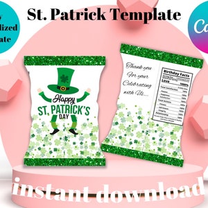 St. patrick&#39;s Chips bag, Chip Bag template, Printable Digital Favors, Instant Download,