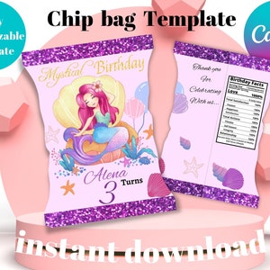 Editable Mermaid Chip Bag Wrappers Under The Sea Birthday Party Chip Bag Favors Mermaid Party Chip Pouch Party Favors Instant Download