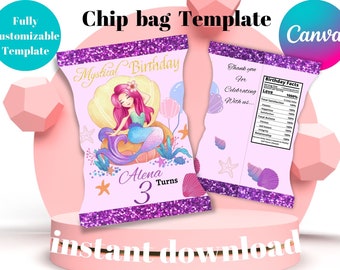 Mermaid Birthday Chip Bag Template: Under The Sea Party Favor (EDITABLE, Digital Download)