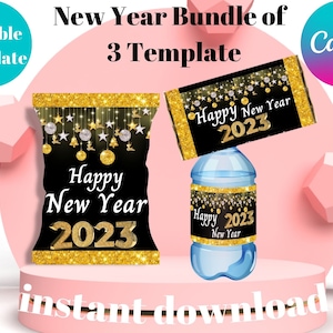 EDITABLE New Year Party Bundle Wrapper Template, Chip Bag Personalized Party Favors Treat Bag, Snack Cookie Packaging Printable